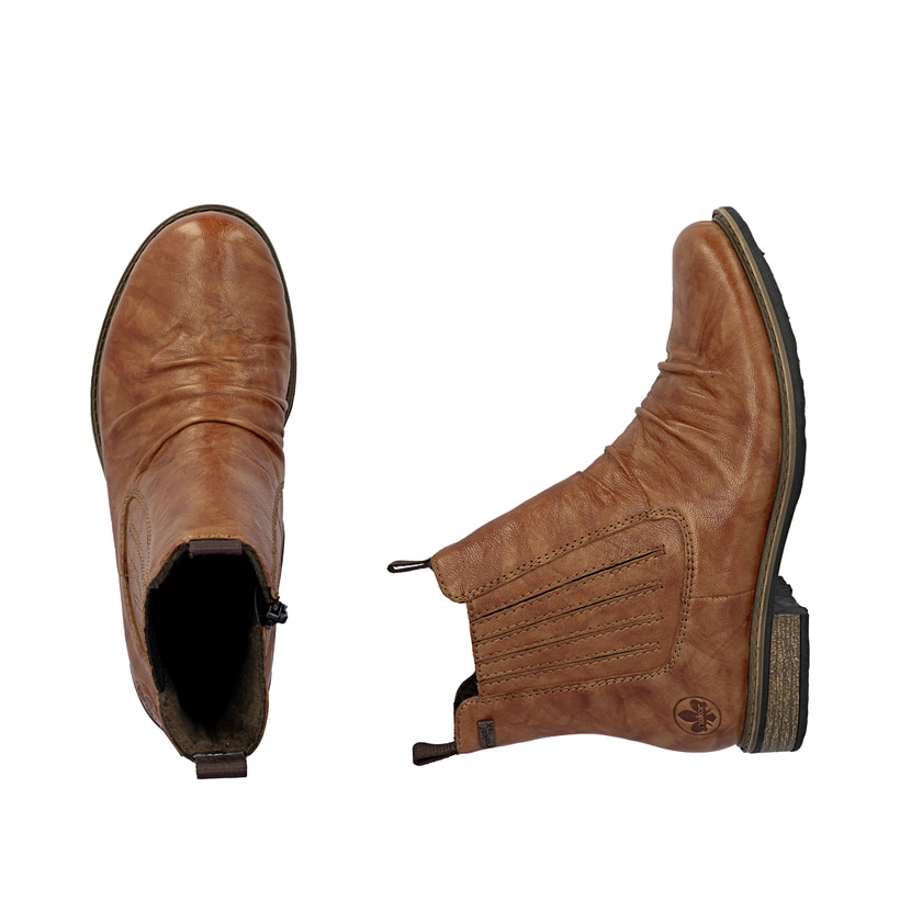 Braune Rieker Damen Chelsea Boots 74855-22 aus Glattleder. Schuh von oben, liegend.