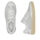 Beige Rieker Damen Sneaker Low M5521-90 mit metallischem Finish sowie Schnürung. Schuh von oben, liegend.