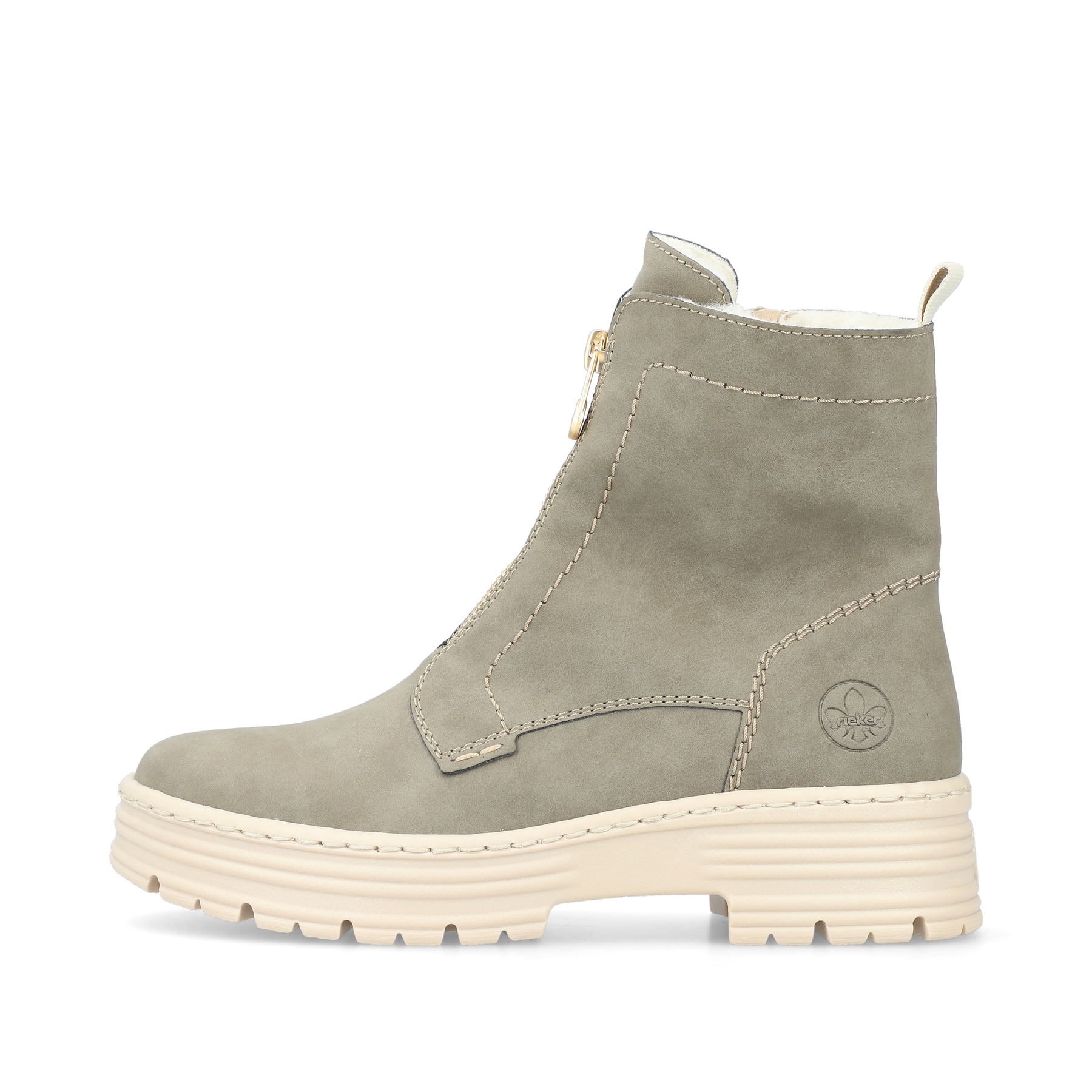 
Armeegrüne Rieker Damen Kurzstiefel X8572-52 mit einer Profilsohle. Schuh Außenseite