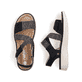 Schwarze Rieker Damen Riemchensandalen V8574-00 mit einem Klettverschluss. Schuh von oben, liegend.