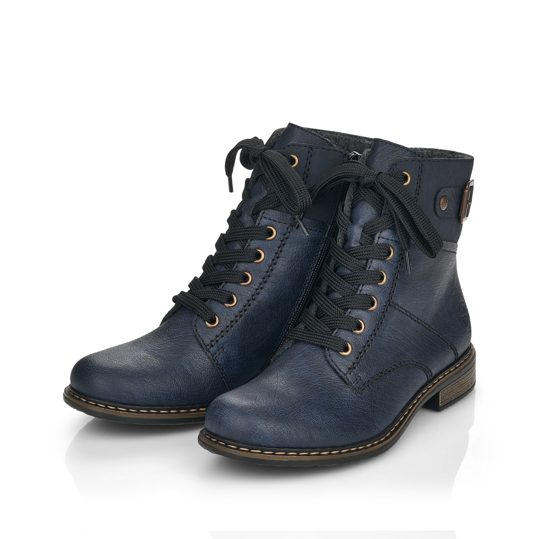 Ozeanblaue Rieker Damen Schnürstiefel 71242-15 mit Schnürung und Reißverschluss. Schuhpaar schräg.