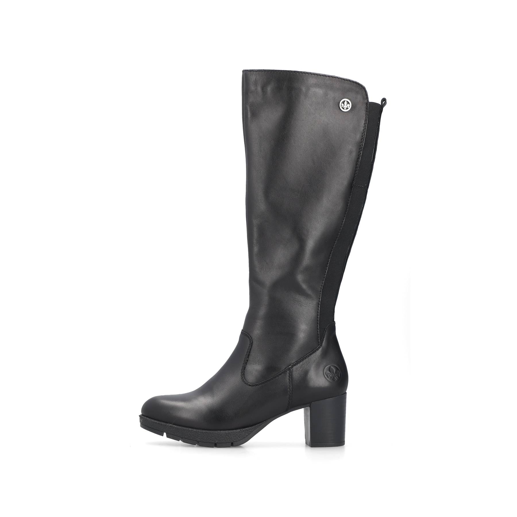 Schwarze Rieker Damen Hochschaftstiefel 77684-00 aus Glattleder. Schuh Außenseite.