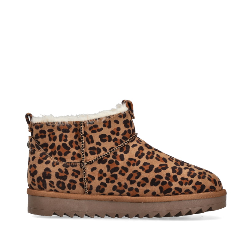 Braune Rieker Damen Kurzstiefel 99861-25 mit Leo-Print sowie der Komfortweite G. Schuh Innenseite.