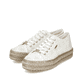 Schwanenweiße Rieker Damen Schnürschuhe 94005-80 mit goldenen Ösen. Schuhpaar seitlich schräg.