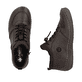 Dunkelbraune Rieker Damen Kurzstiefel 52557-25 mit einem Reißverschluss. Schuh von oben, liegend.