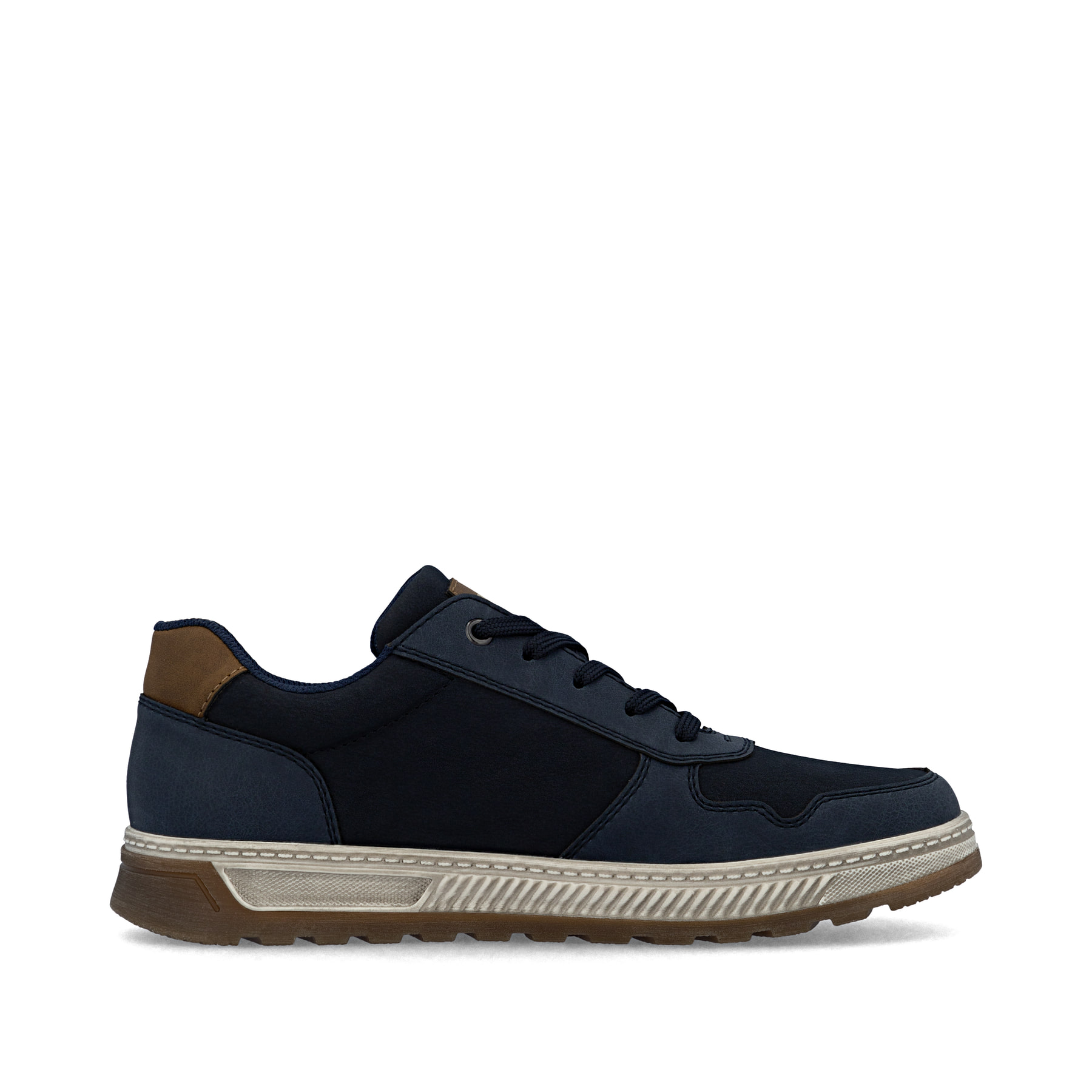 Baskets basses Rieker bleues pour homme 37029-14 avec détails marrons. Chaussure vue de l'arrière.