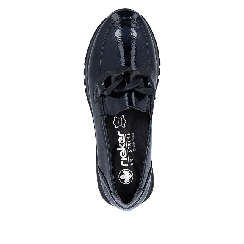 Dunkelblaue Rieker Damen Loafer 49051-14 mit Deko-Kette sowie einem Gummizug. Schuh von oben.