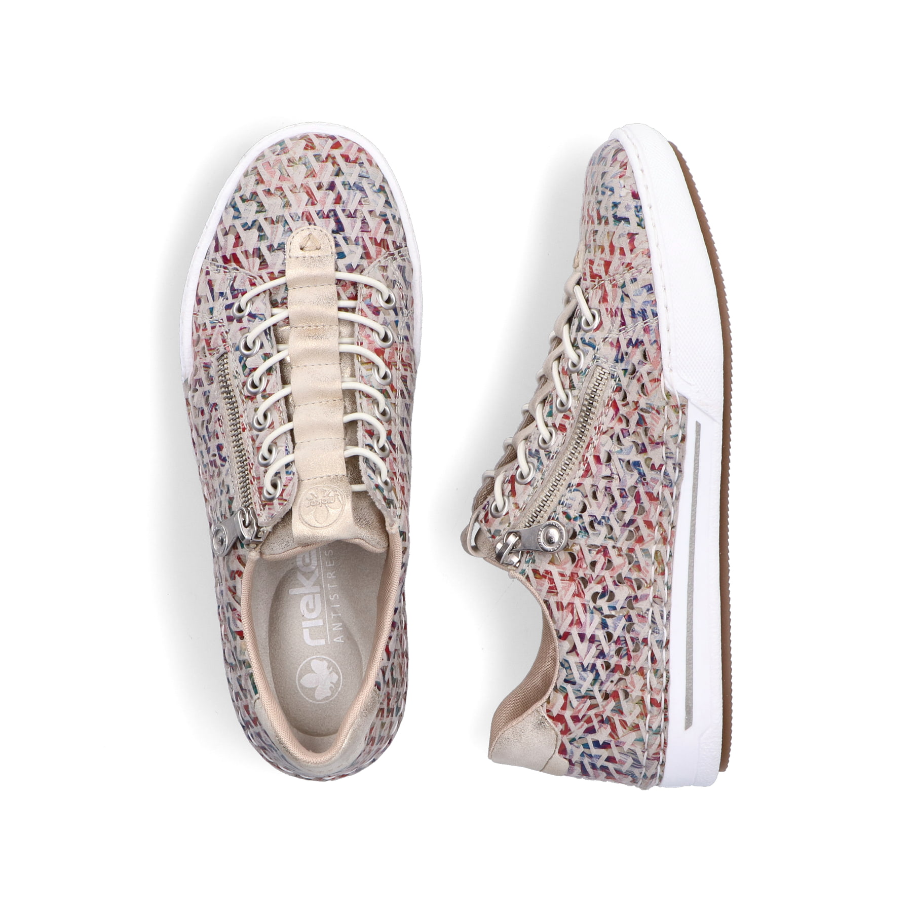 Mehrfarbige Rieker Damen Slipper L7255-90 mit einem Reißverschluss. Schuh von oben, liegend.