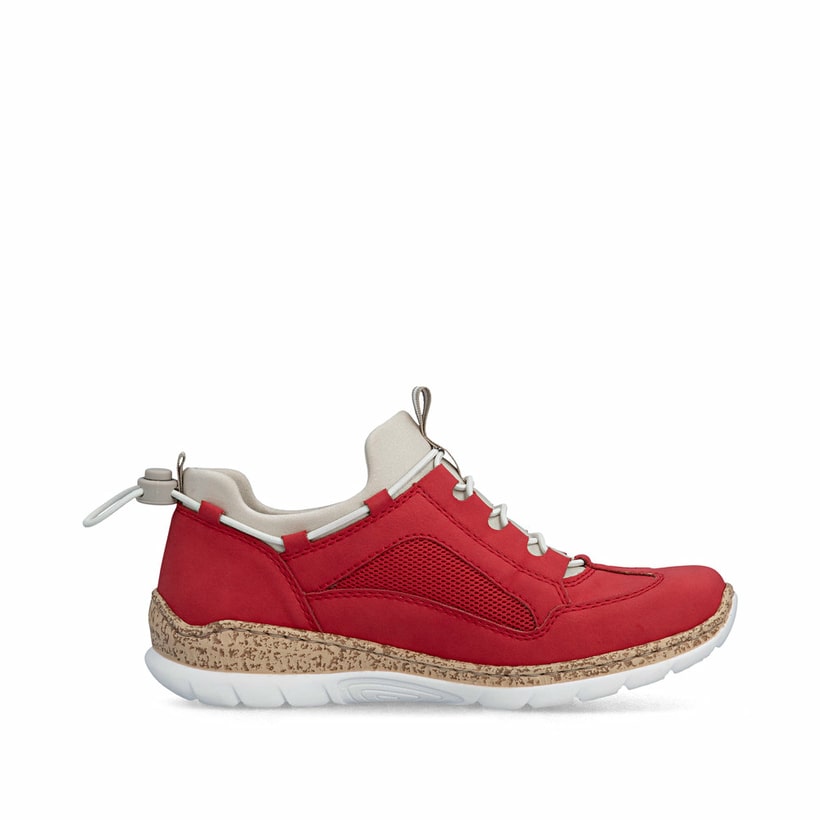 Rote Rieker Damen Slipper N42F9-33 mit einem Gummizug. Schuh Innenseite.