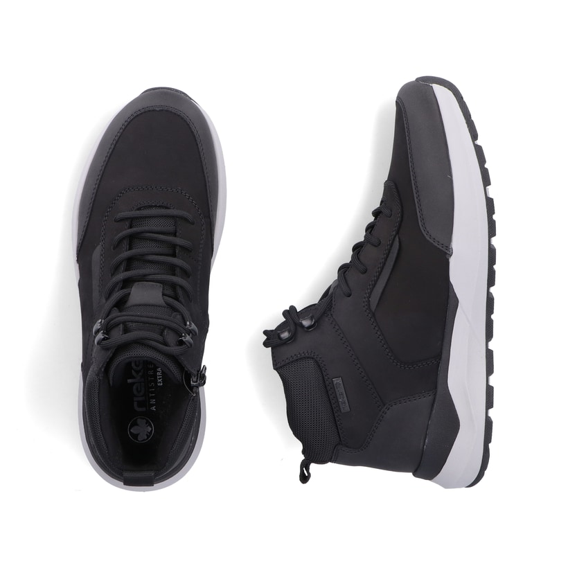 Schwarze Rieker Herren Schnürstiefel 06030-01 aus Rauleder. Schuh von oben, liegend.