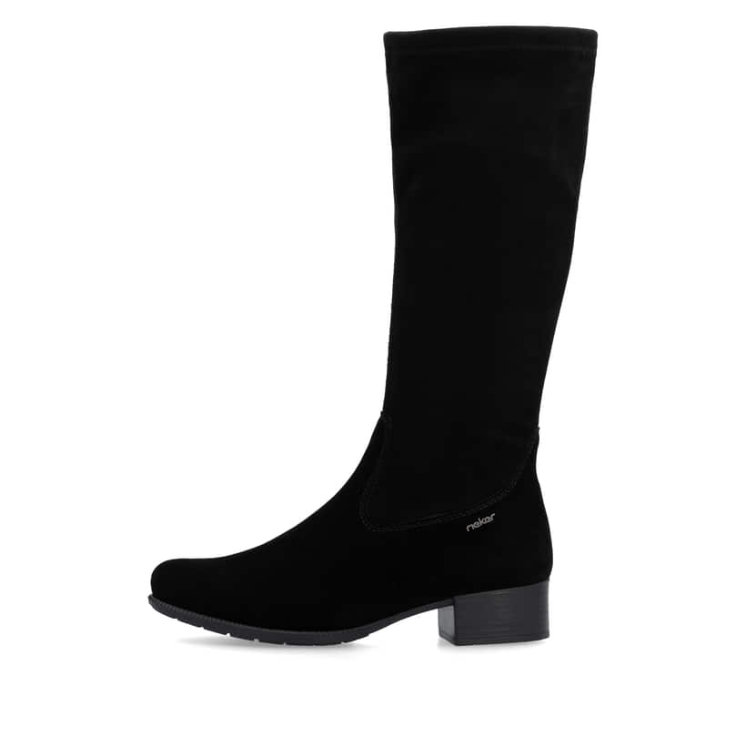 Tiefschwarze Rieker Damen Hochschaftstiefel 78654-00 mit einem Reißverschluss. Schuh Außenseite.