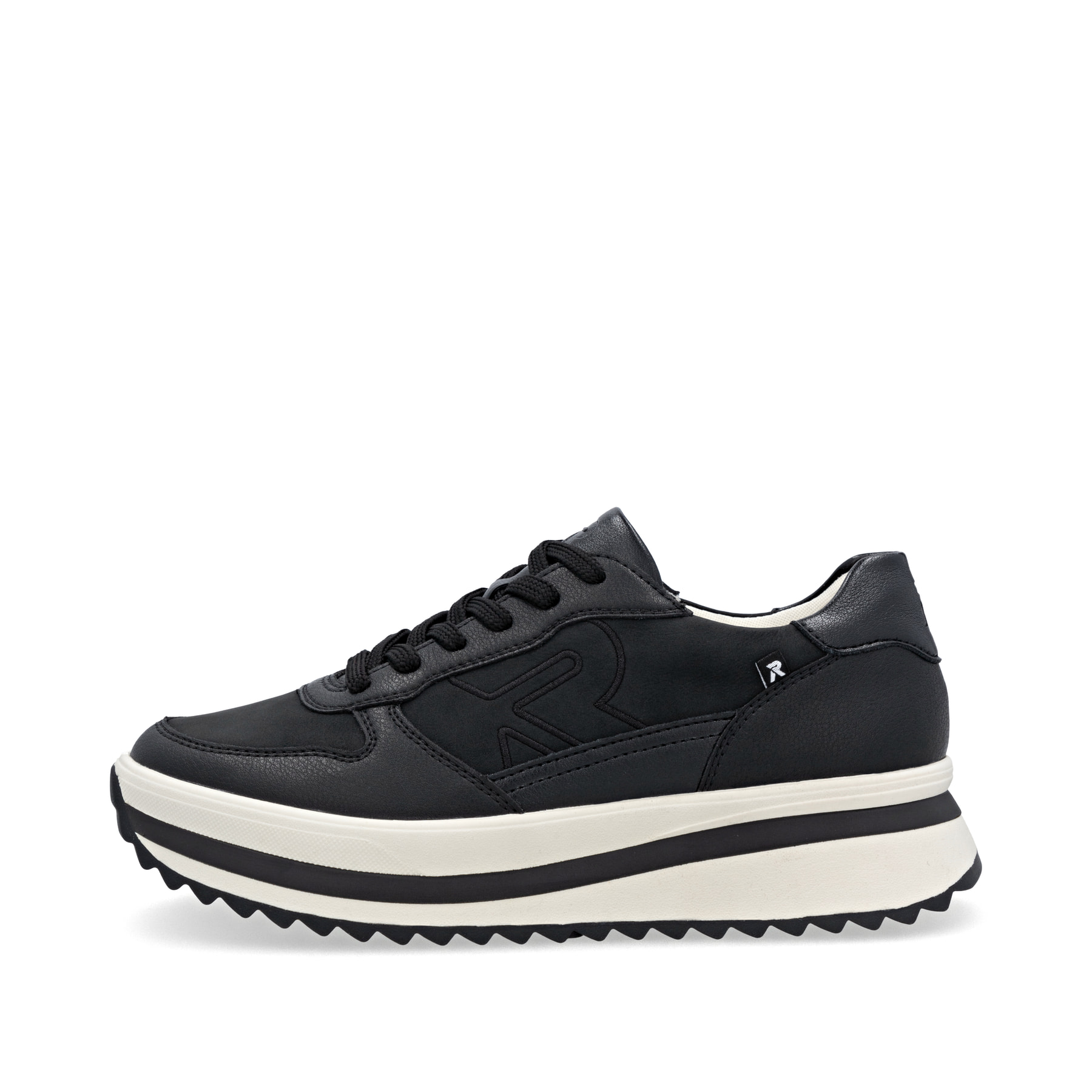 Schwarze Rieker Damen Sneaker Low W3800-00 aus Glattleder mit einer Schnürung. Schuh Außenseite.