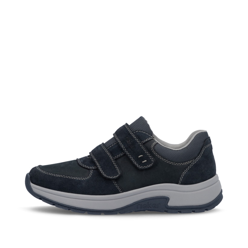 Mocassins Rieker bleus homme 11051-14 en cuir suédé avec fermeture velcro. Côté extérieur de la chaussure.