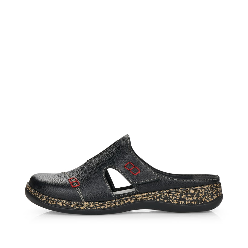 Schwarze Rieker Damen Clogs 46362-00 mit einem Klettverschluss. Schuh Außenseite.