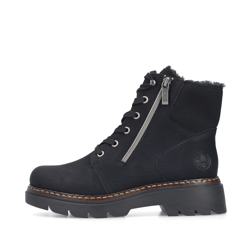Schwarze Rieker Damen Schnürstiefel 76720-00 mit einem Reißverschluss. Schuh Außenseite.