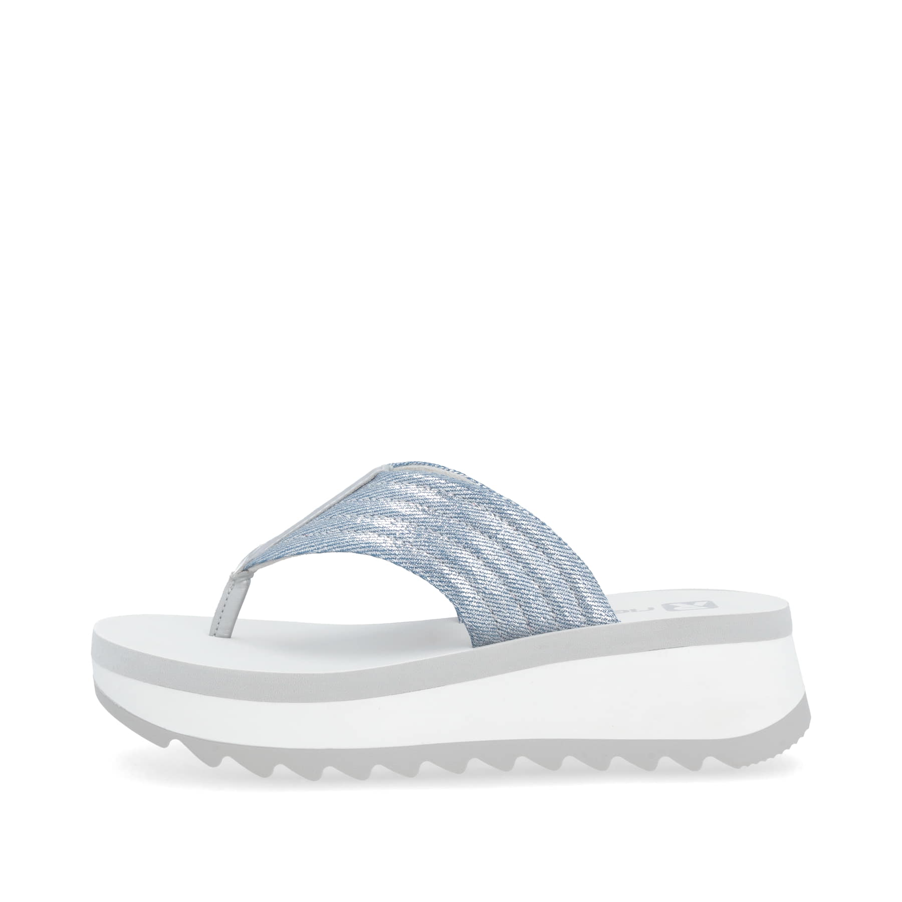 Blaue vegane Rieker Damen Zehentrenner W3054-14 mit leichter und griffiger Sohle. Schuh Außenseite.