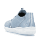 Blaue vegane Rieker Damen Slipper L7462-12 mit einem Gummizug. Schuh von hinten.