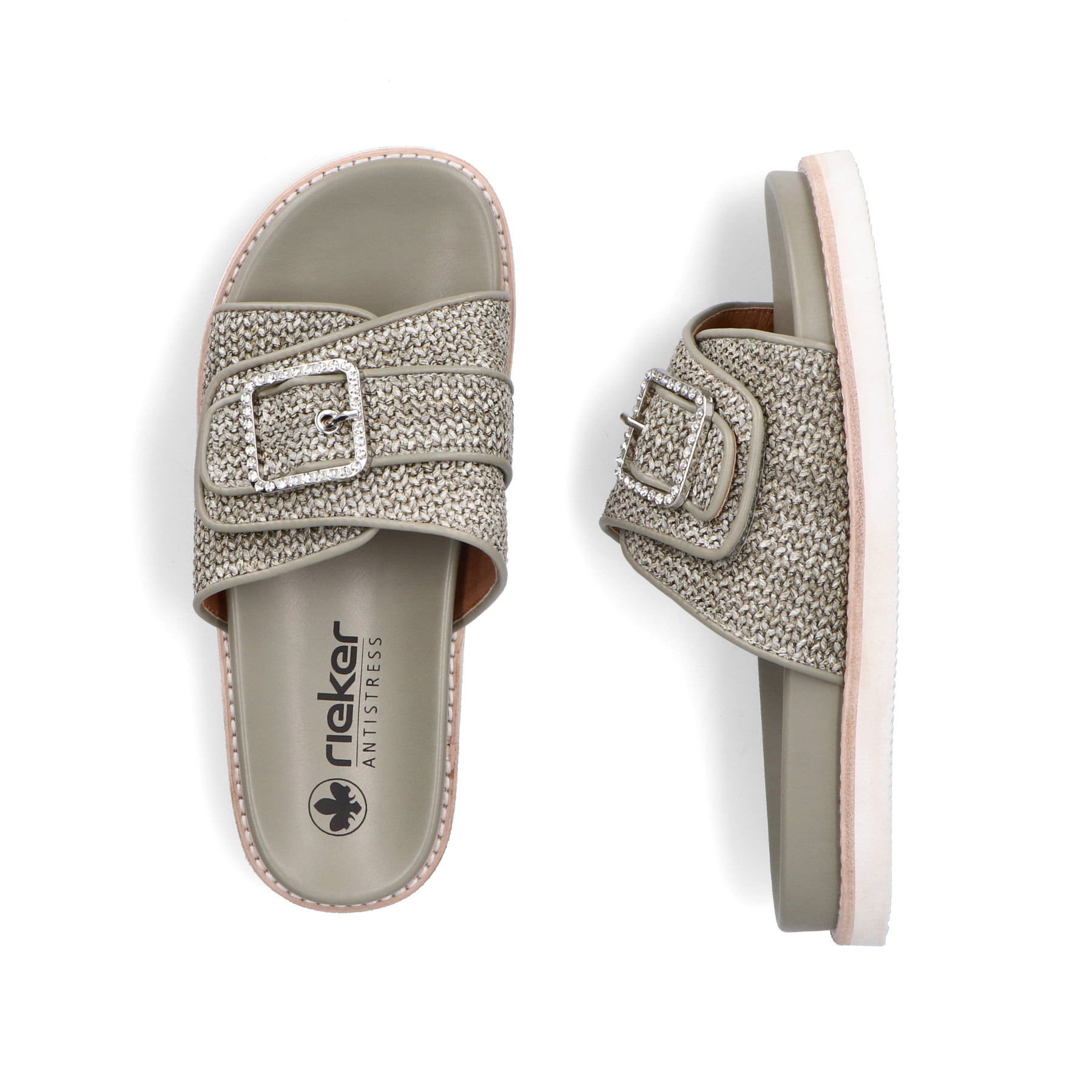 Grüne Rieker Damen Pantoletten V9582-52 mit trendigen Schnalle. Schuh von oben, liegend.