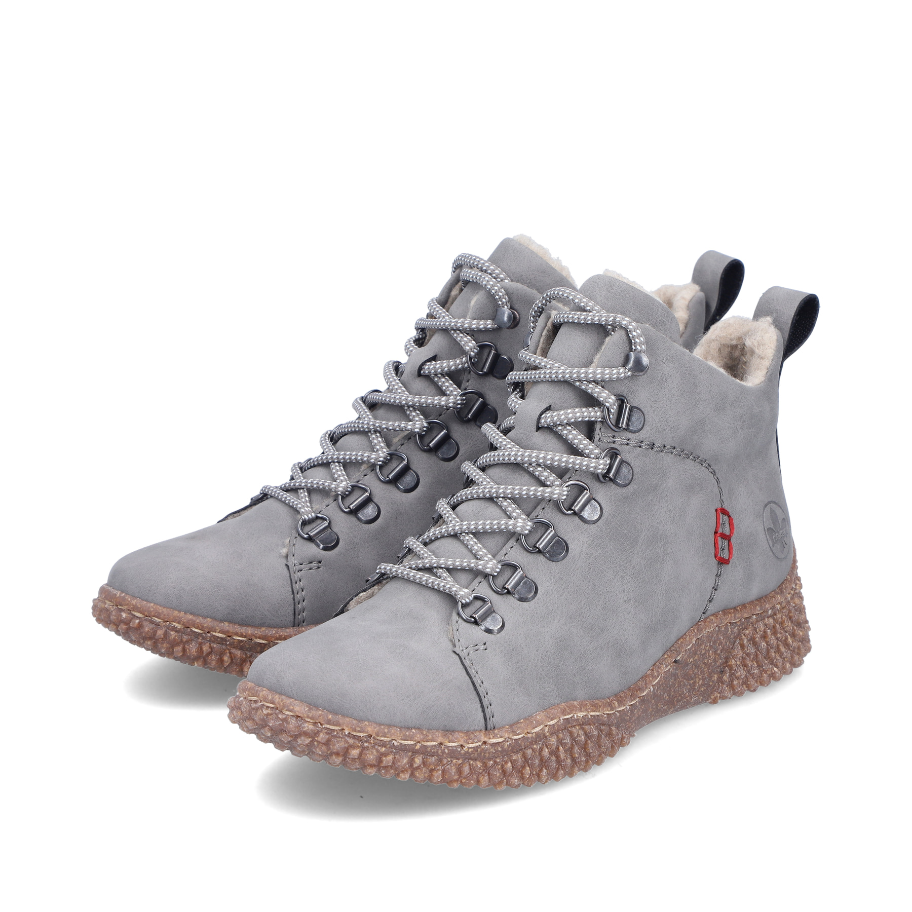 Hellgraue Rieker Damen Schnürstiefel Y8414-42 mit einem Reißverschluss. Schuhpaar seitlich schräg.