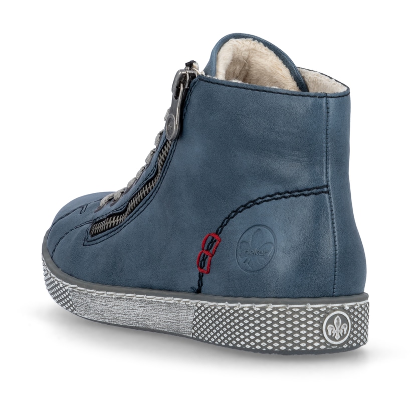 Hellblaue Rieker Damen Schnürstiefel Z1221-14 mit schwarzen Nähten. Schuh von oben.