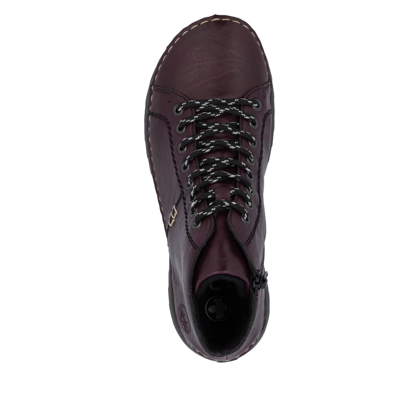 Dunkelrote Rieker Damen Schnürstiefel 71510-30 mit einem Reißverschluss. Schuh Laufsohle.