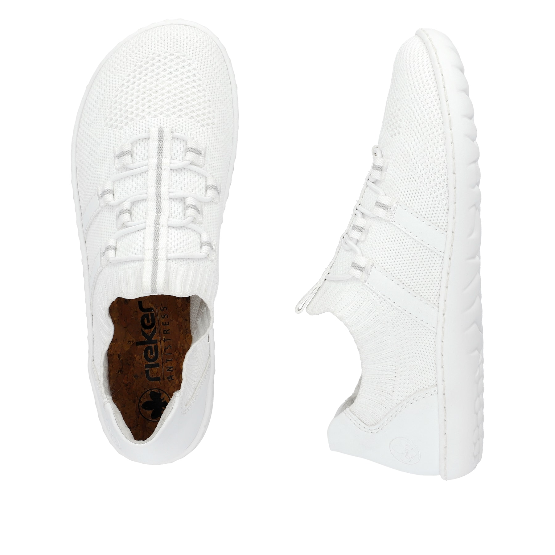 Weiße vegane Rieker Damen Slipper 52854-80, Barfußschuhe mit einem Gummizug. Schuh von oben, liegend.
