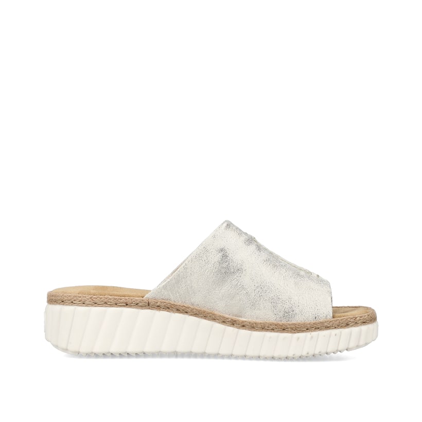 Beige Rieker Damen Pantoletten 69288-60 mit moderner Spannnaht. Schuh Innenseite.