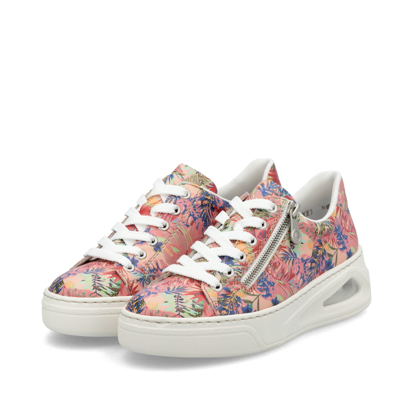 Mehrfarbige Rieker Damen Sneaker Low N6401-90 mit Rieker Air Sohlenfenster. Schuhpaar seitlich schräg.
