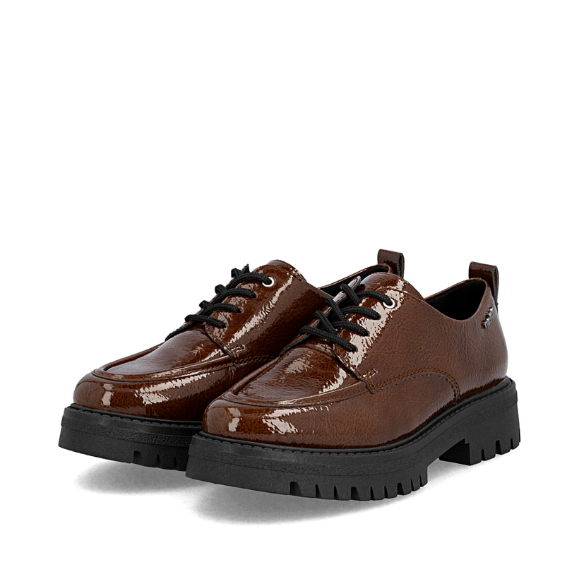 Braune Rieker Damen Schnürschuhe 47500-25 mit einer extra weichen Decksohle. Schuhpaar seitlich schräg.