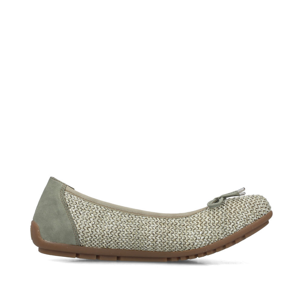 Khakifarbene Rieker Ballerinas 43850-52 mit dekorativer Schleife. Schuh Innenseite.