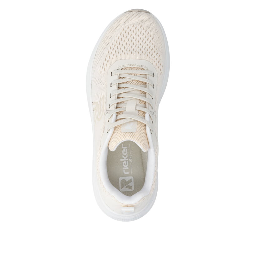 Beige Rieker Damen Sneaker Low W4101-60 mit Schnürung sowie ultraleichter Sohle. Schuh von oben.