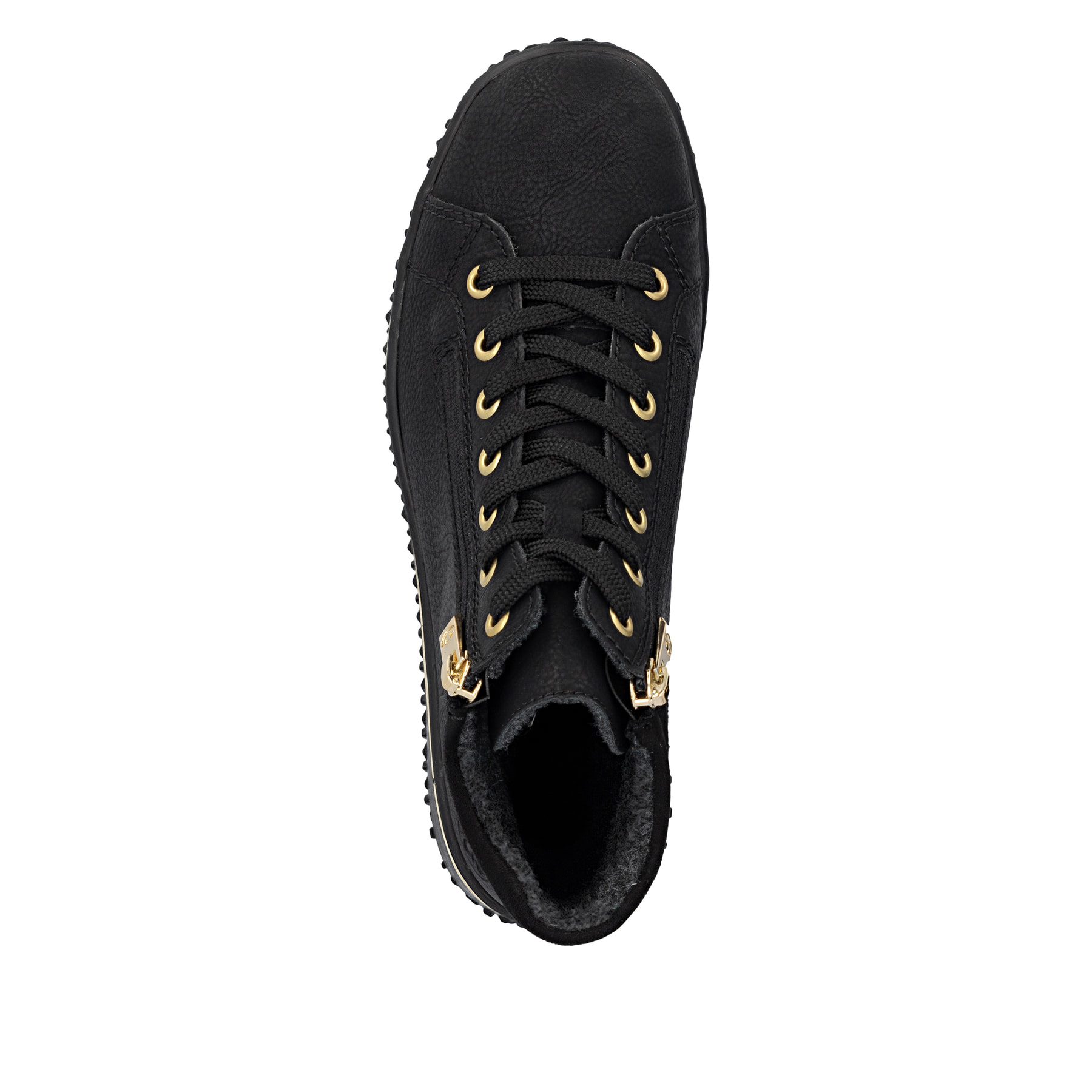 Schwarze Rieker Damen Schnürstiefel Z4263-00 mit wasserabweisender TEX-Membran. Schuh von oben.