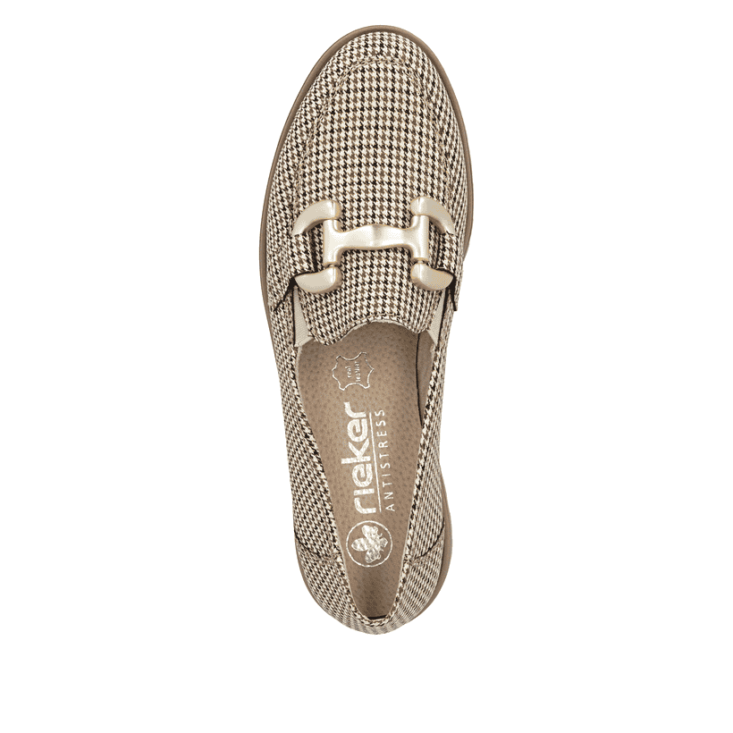 Mocassins Rieker beiges pour femmes 45561-60 avec éléments décoratifs. Chaussure vue de dessus.