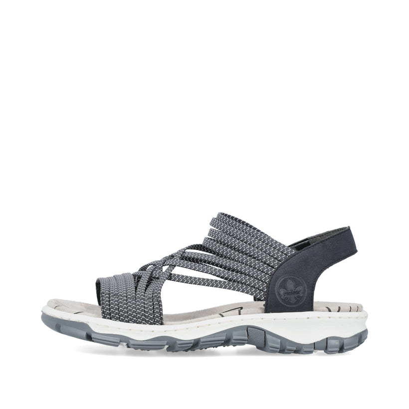 Blaue Rieker Damen Trekkingsandalen 68888-14 mit einem Gummizug. Schuh Außenseite.