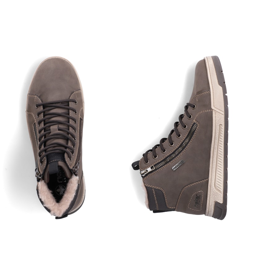 Braune Rieker Herren Sneaker High 36033-24 mit wasserabweisender TEX-Membran. Schuh von oben, liegend.
