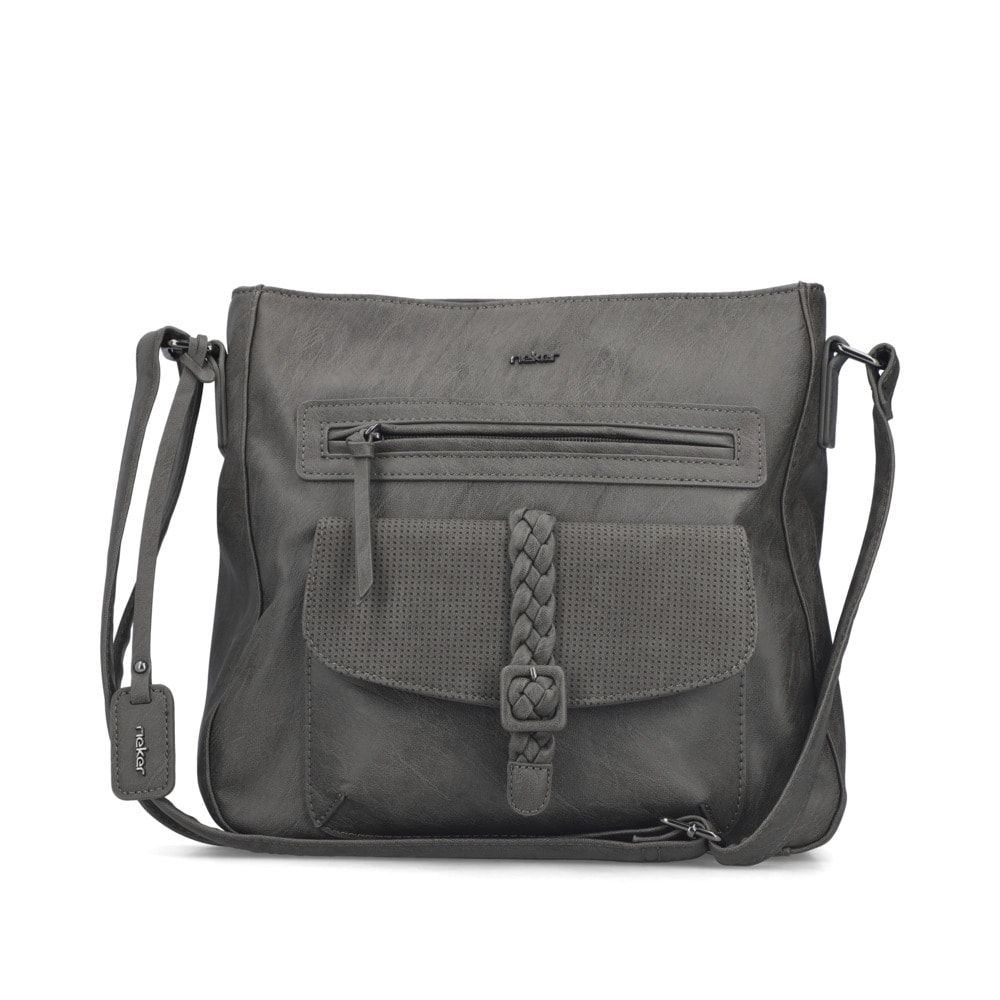 Sac à main Rieker H1340-42 gris avec lanière décorative tressée, fermeture éclair et poche pour téléphone portable. Face avant.