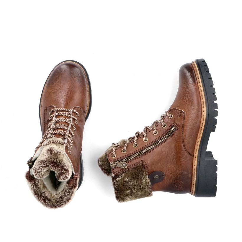Kastanienbraune Rieker Damen Schnürstiefel 72608-24 mit Fellschaftkragen. Schuh von oben, liegend.