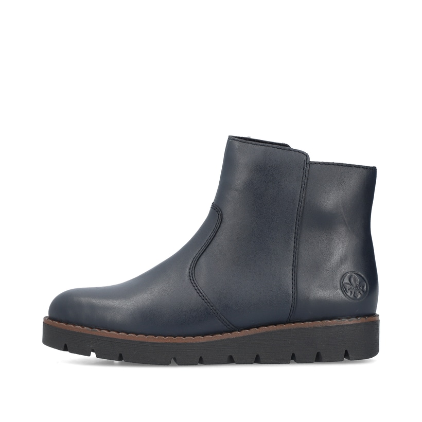 Atlantikblaue Rieker Damen Kurzstiefel 44965-14 mit einem Reißverschluss. Schuh Außenseite.