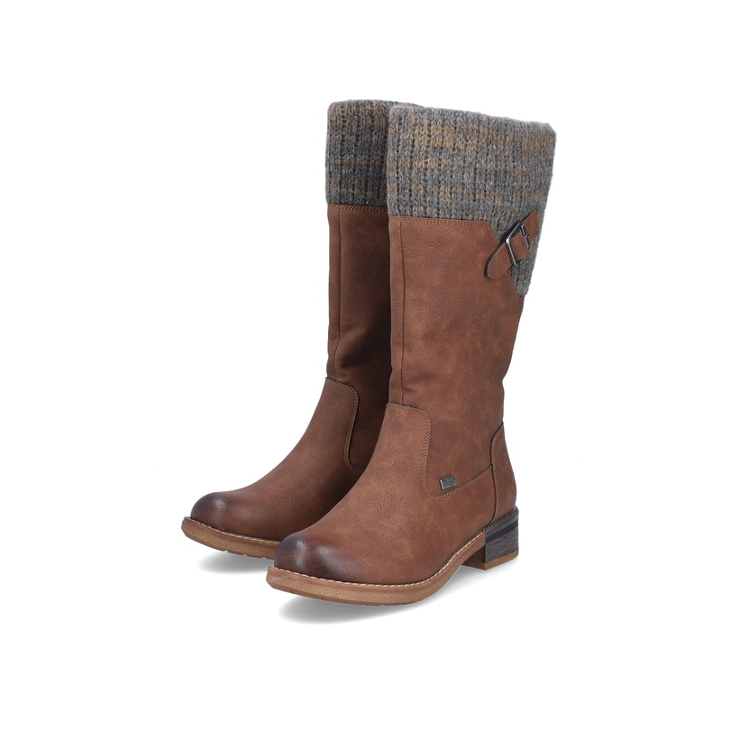 Braune Rieker Damen Hochschaftstiefel 94692-24 mit wasserabweisender TEX-Membran. Schuhpaar seitlich schräg.