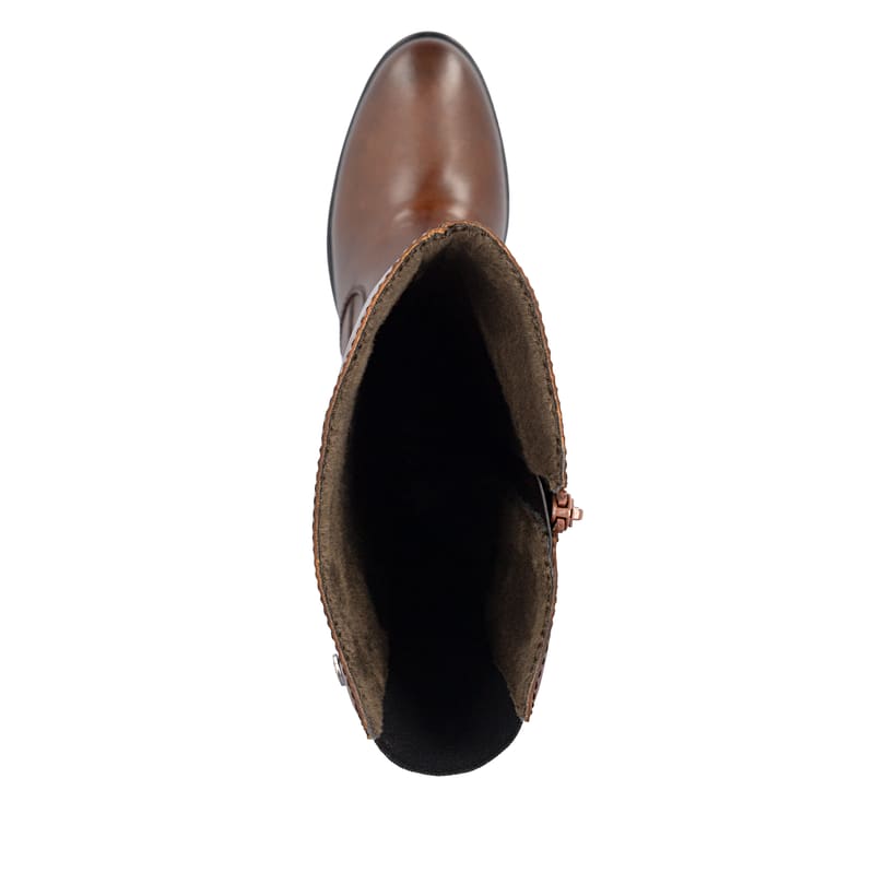 Braune Rieker Damen Hochschaftstiefel 73955-22 aus Glattleder mit Reißverschluss. Schuh von oben.