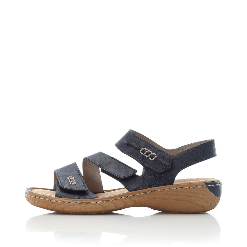 Blaue Rieker Damen Riemchensandalen V27Z0-15 mit einem Klettverschluss. Schuh Außenseite.