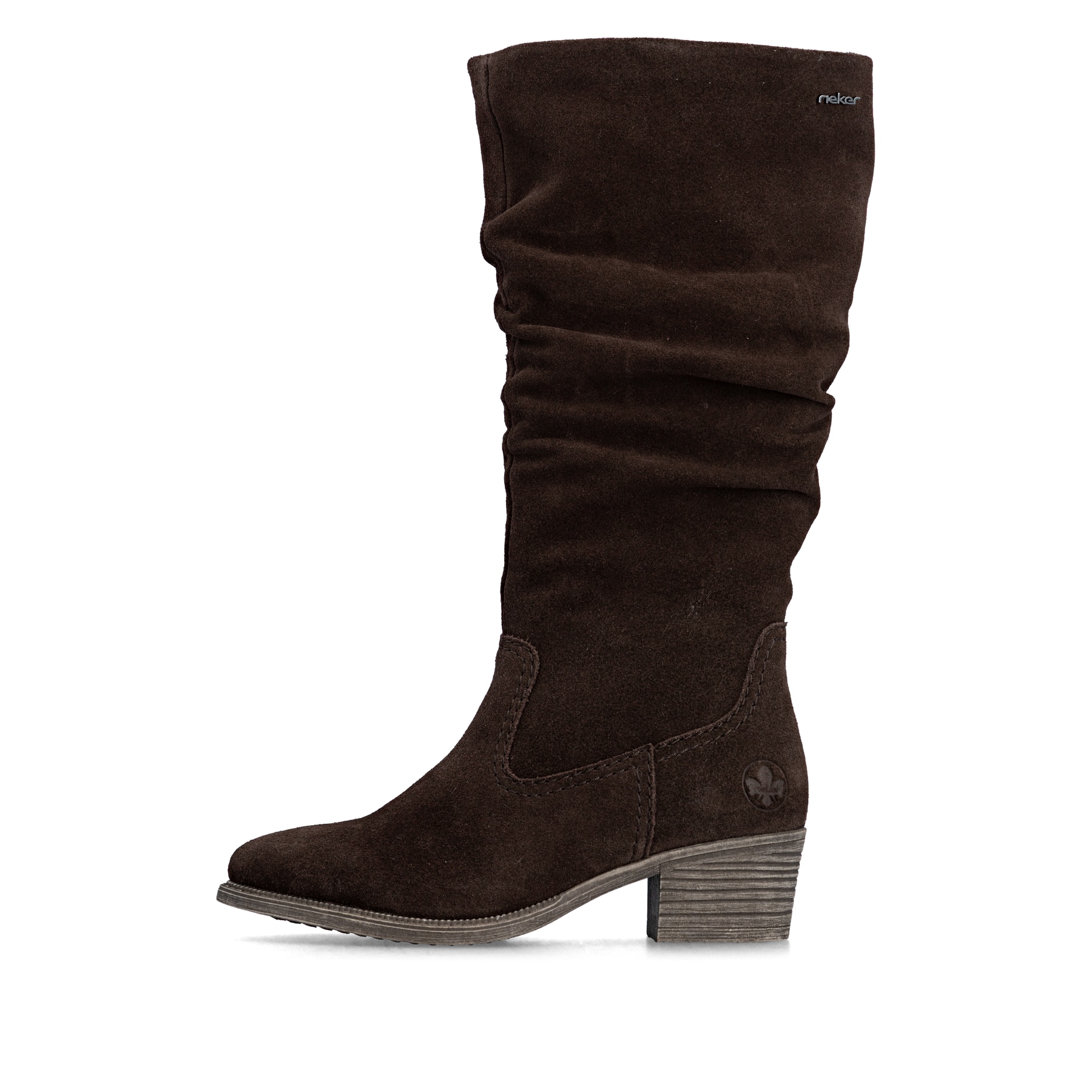 Dunkelbraune Rieker Damen Hochschaftstiefel 73159-25 aus Rauleder. Schuh Außenseite.