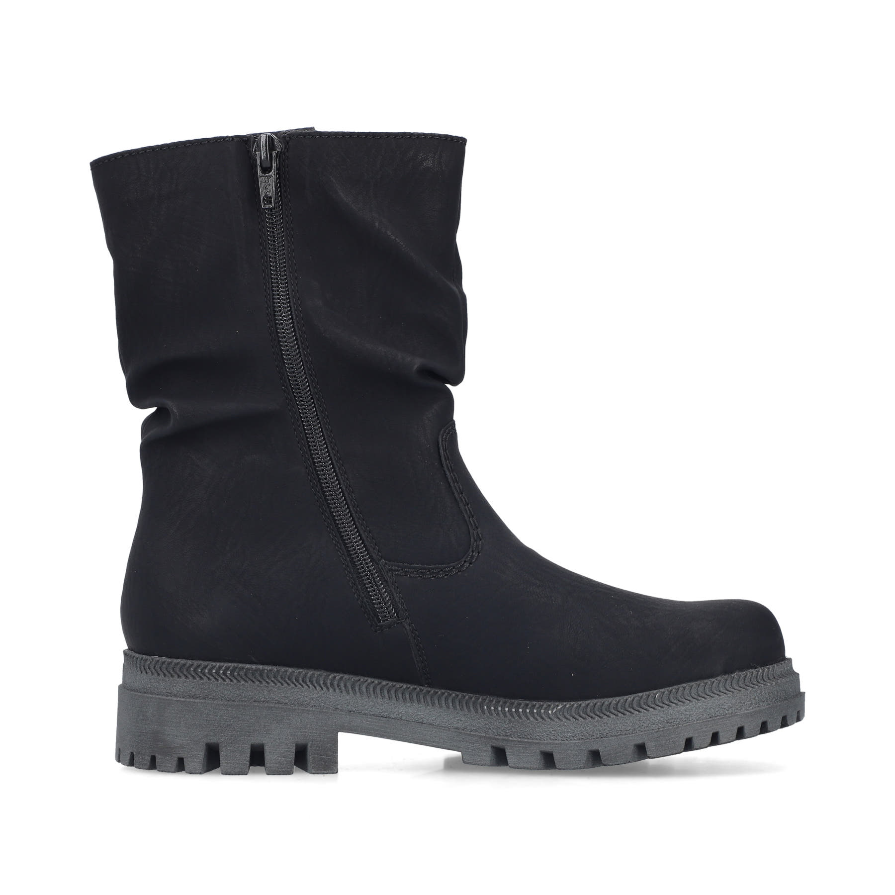 Schwarze Rieker Damen Kurzstiefel Y7681-00 mit gerafftem Schaft. Schuh Innenseite.