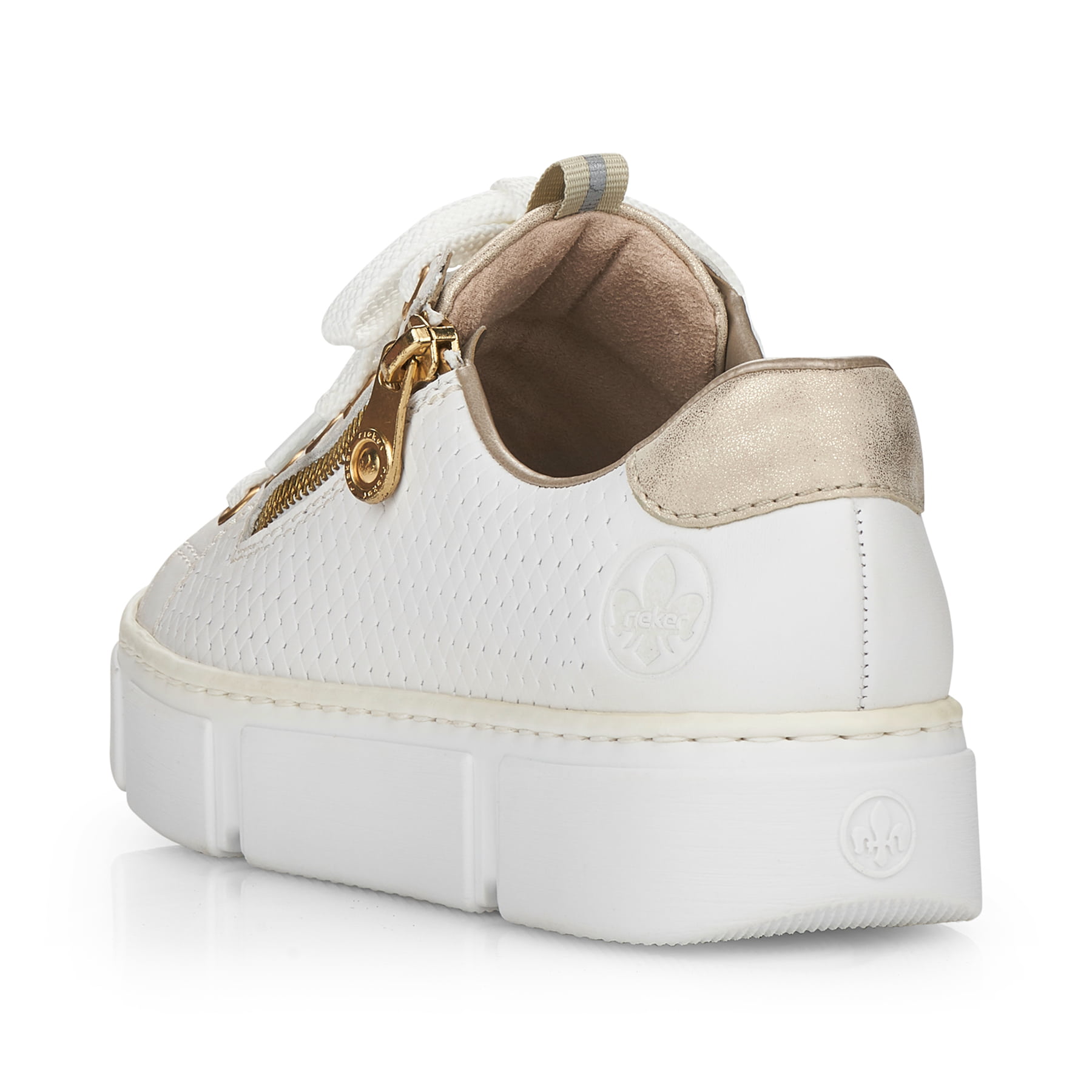 Weiße Rieker Damen Sneaker Low N5932-80 mit einem Reißverschluss. Schuh von hinten.
