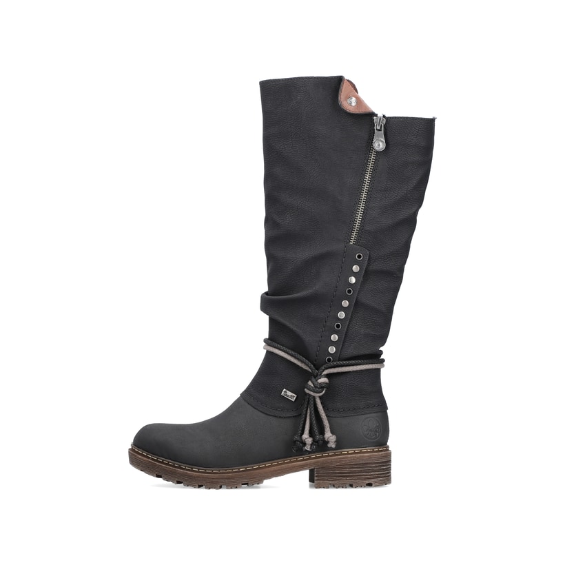 Tiefschwarze Rieker Damen Hochschaftstiefel Z4759-01 mit einer robusten Profilsohle. Schuh Außenseite