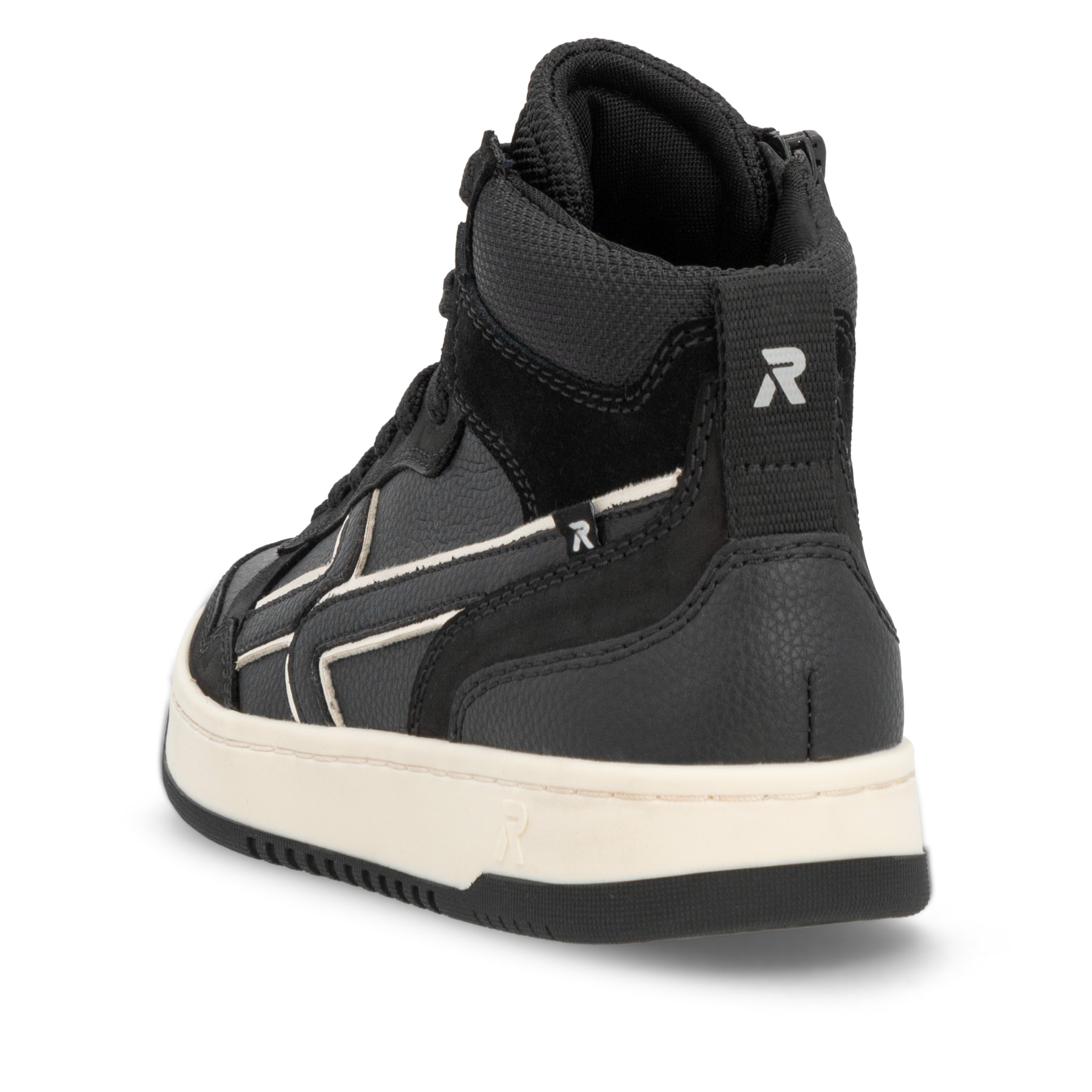Baskets montantes Rieker noires pour femme W1970-00. Chaussure vue de l'arrière.