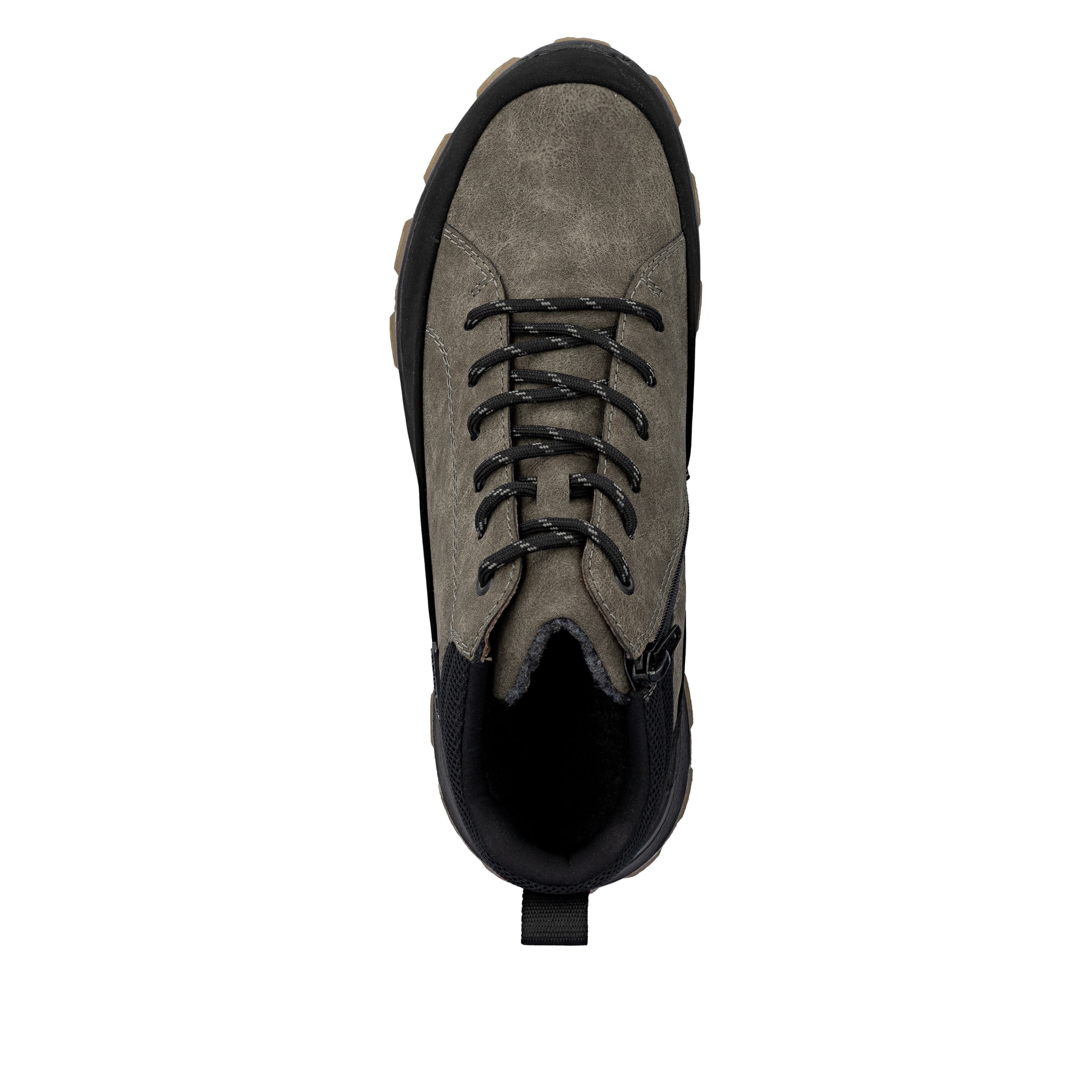 Grau-schwarze Rieker Herren Schnürstiefel 35508-25 mit modernen Ziernähten. Schuh von oben.