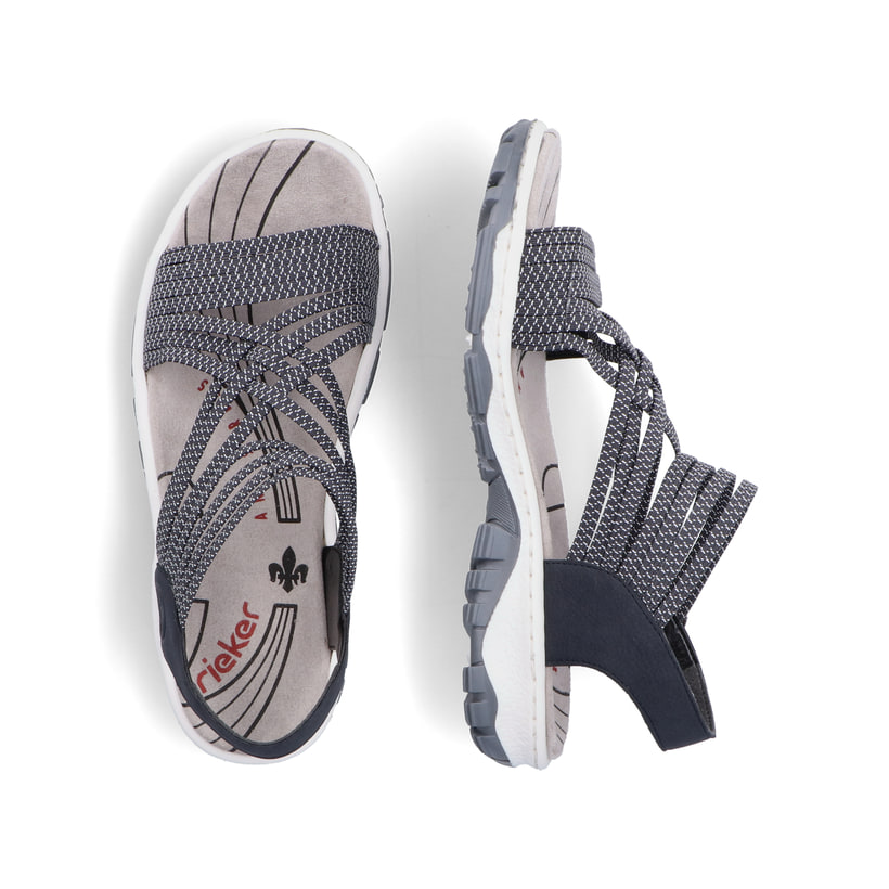 Blaue Rieker Damen Trekkingsandalen 68888-14 mit einem Gummizug. Schuh von oben, liegend.