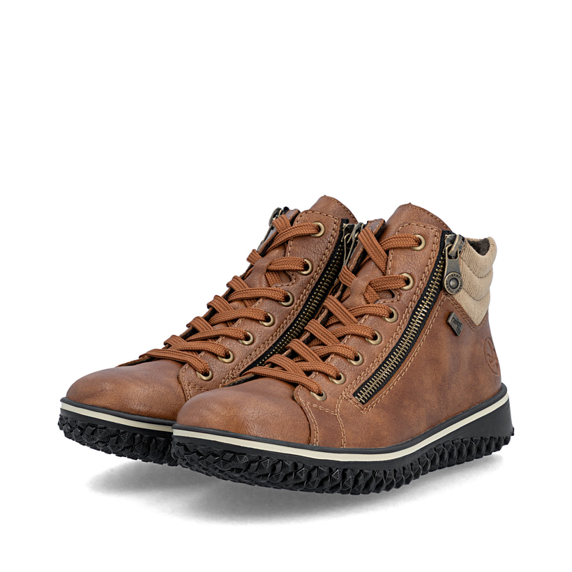Braune Rieker Damen Schnürstiefel Z4263-24 mit wasserabweisender TEX-Membran. Schuhpaar seitlich schräg.