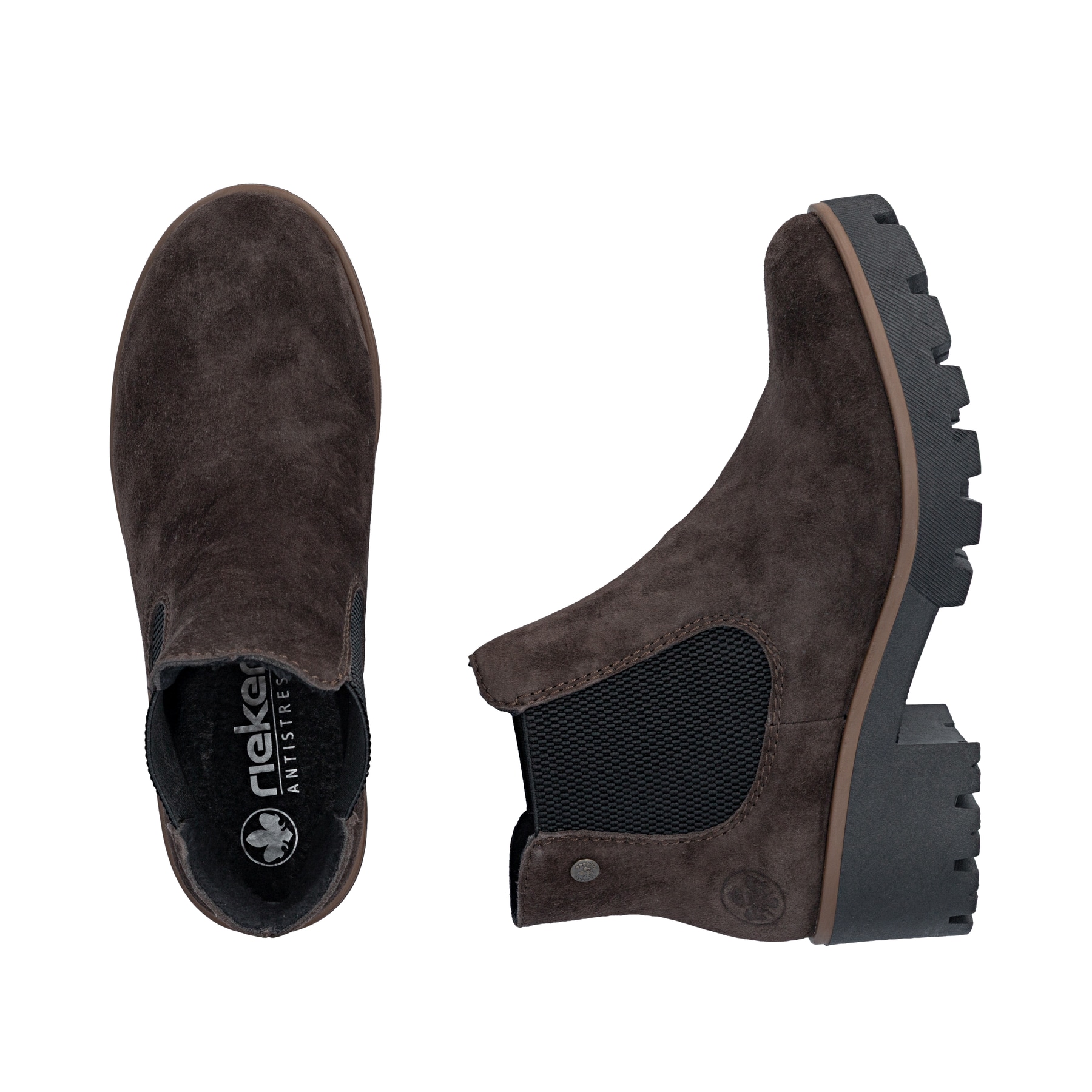 Dunkelbraune Rieker Damen Chelsea Boots 79265-25 aus Rauleder mit einem Gummizug. Schuh von oben, liegend.